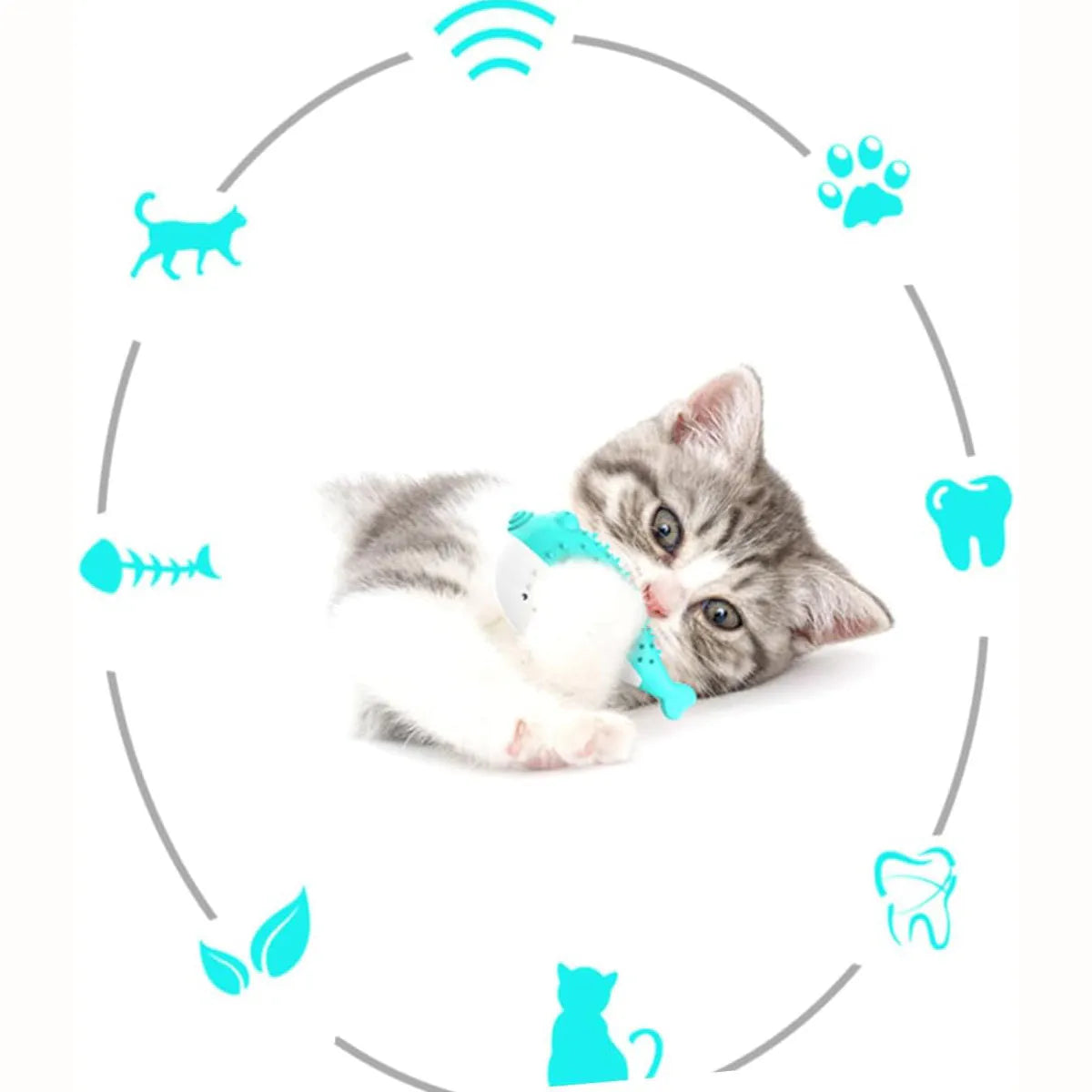 Mint Toys blue silicone cat fish chew toy and teaser on a plain surface showing fish shape and size.