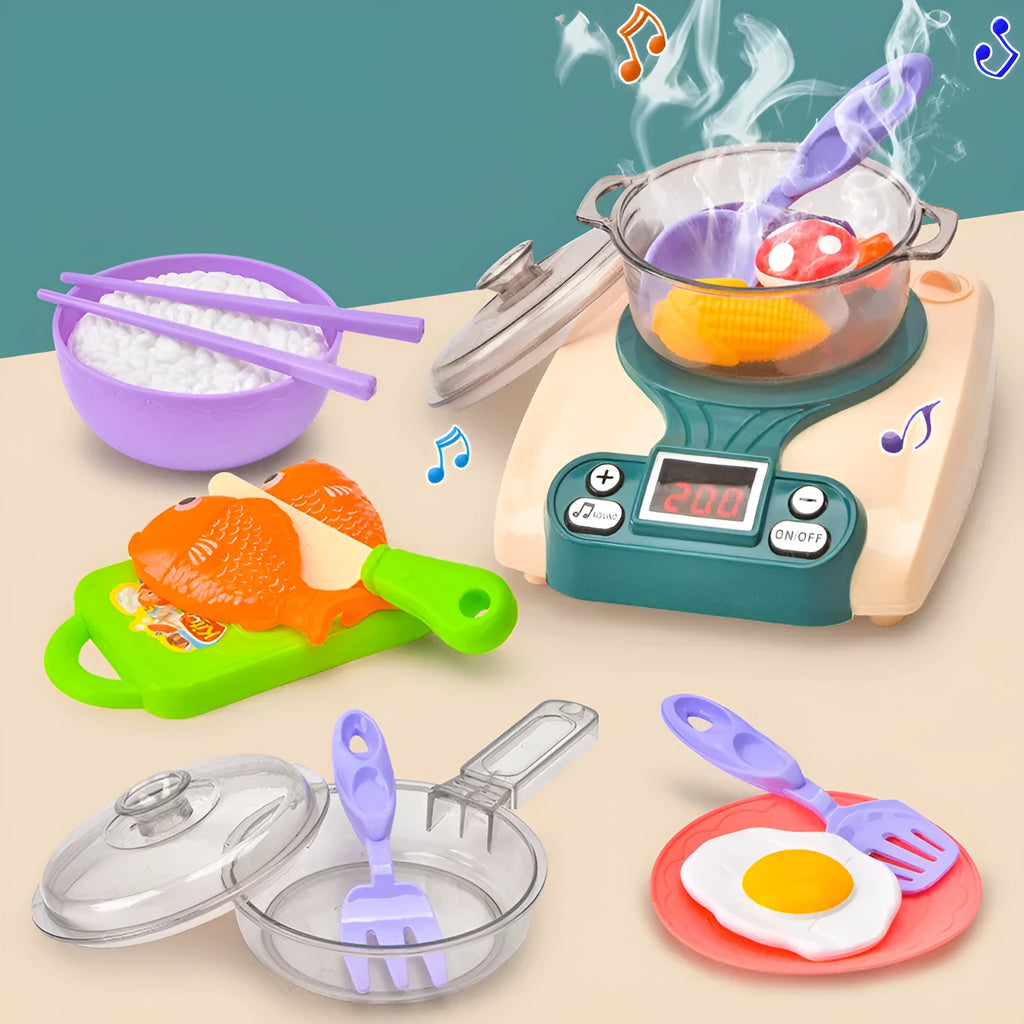 Children's plastic play house kitchen toy with simulation induction cooker for infants