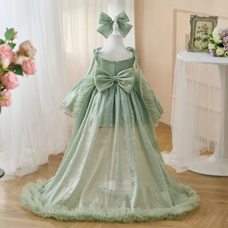 Large trailing mesh children's dress in MHA076 Green, polyester fabric, sizes 80cm to 160cm