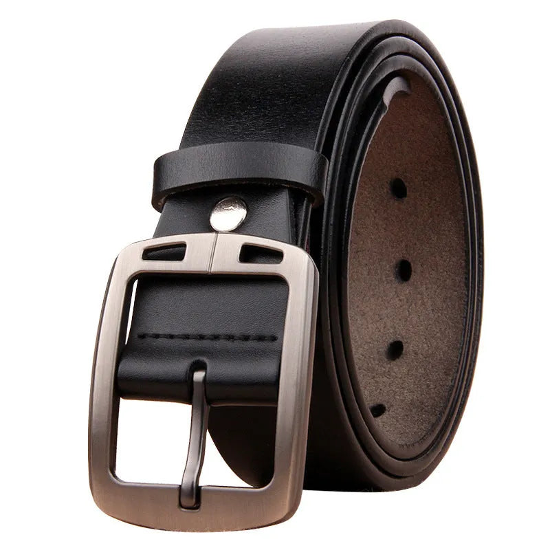 Genuine leather retro men's belt with alloy pin buckle, available in black, coffee, and yellow brown