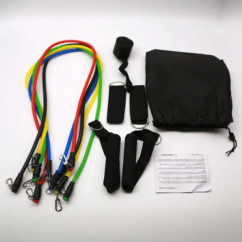 11-piece door-mounted fitness set with a combination pulling rope, showing ABS plastic components and hook options.