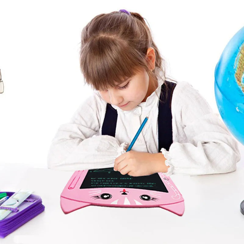 Cute bear cartoon LCD drawing board in sky blue colour on a table with stylus.