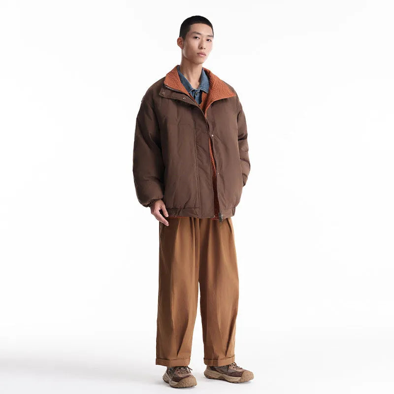 Men's reversible plaid down jacket in brown with stand-up collar and hood, medium length 65cm