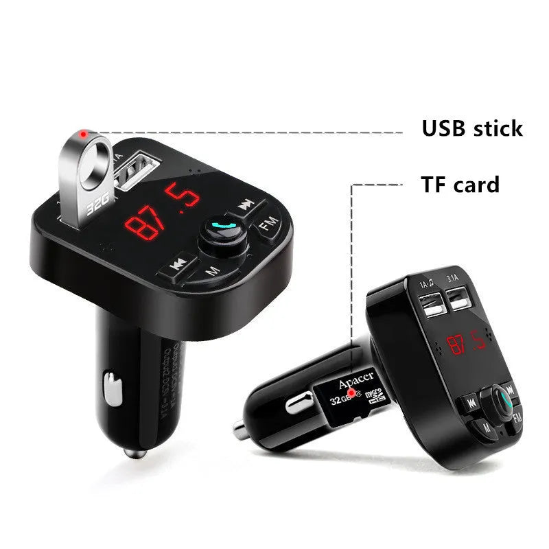 Car MP3 Bluetooth player with FM receiver, dual USB ports, monochrome screen, and ABS construction in black