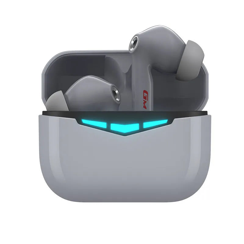 True wireless black in-ear Bluetooth gaming earbuds with charging case and silicone earmuffs.