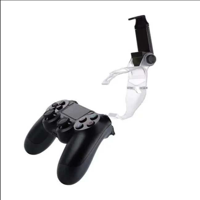 Black PS4 controller mobile phone clip mount with attached OTG micro USB cable for Android gaming.