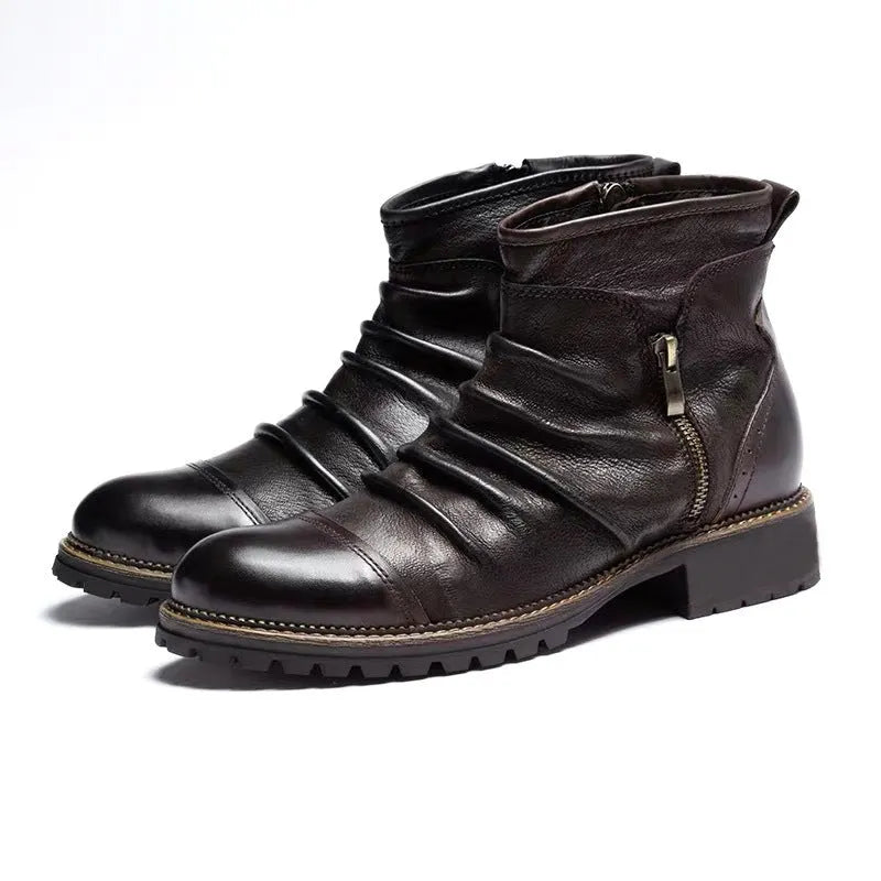 Black mid-calf cowboy boots with side zip and embossed leather texture