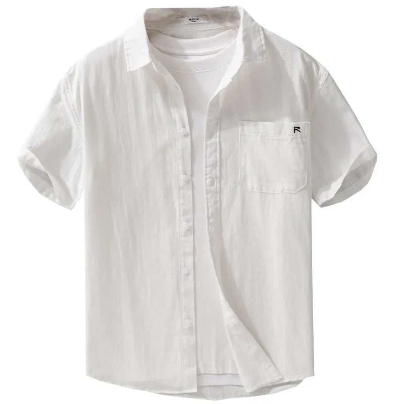 Men's loose fit pure cotton short sleeve summer shirt in light khaki colour