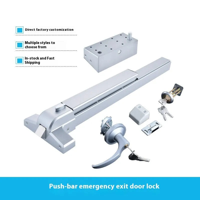 Stainless steel fireproof door push lock with external handle for 65cm single doors.