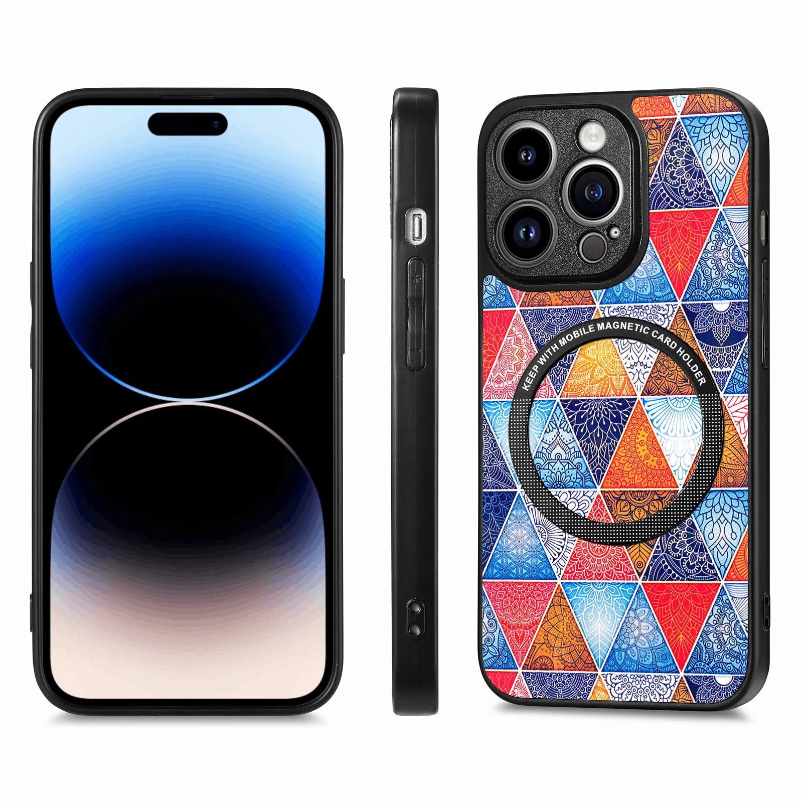 Two-in-one magnetic suction phone case for iPhone 14 or 15, purple scales colour, with silicone outer layer and plastic shell cutouts visible