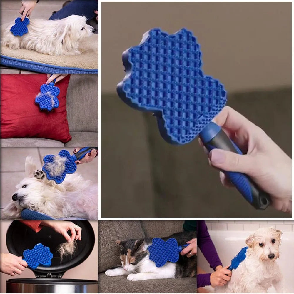 Blue pet hair remover brush 23 × 9 × 2.5cm with flexible silicone bristles and reverse shampoo comb for dogs and cats