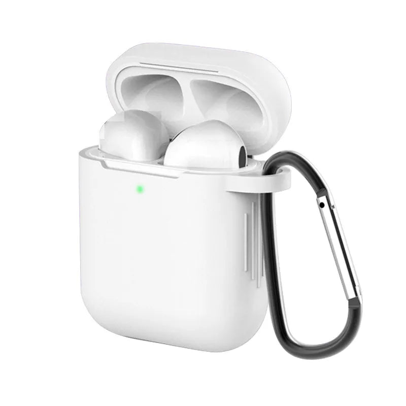 Liquid silicone clam-shell cover for Apple AirPods 1st and 2nd generation charging case.