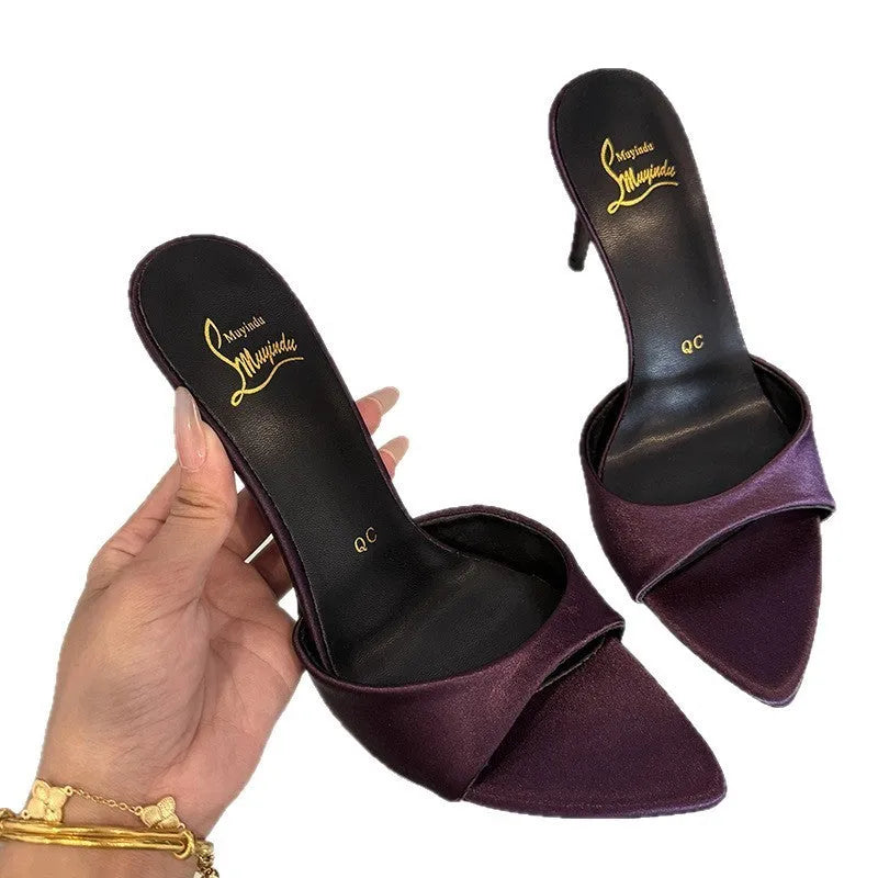 Women's black patent leather stiletto sandals with pointed toe and strap, 8cm heel