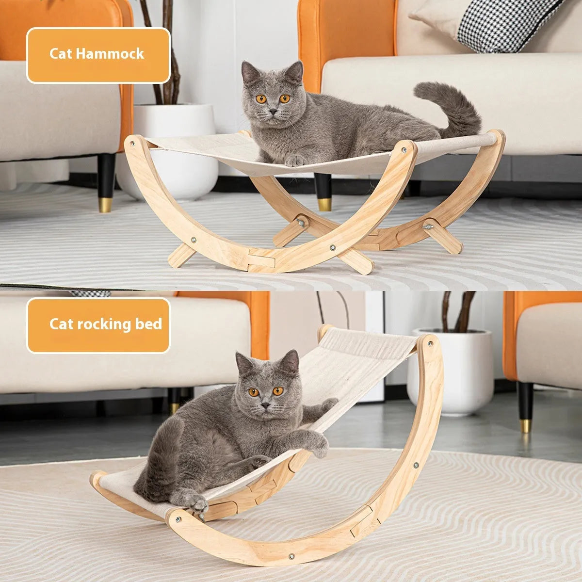 Solid wood cat shaker bed with foldable hammock measuring 55cm long