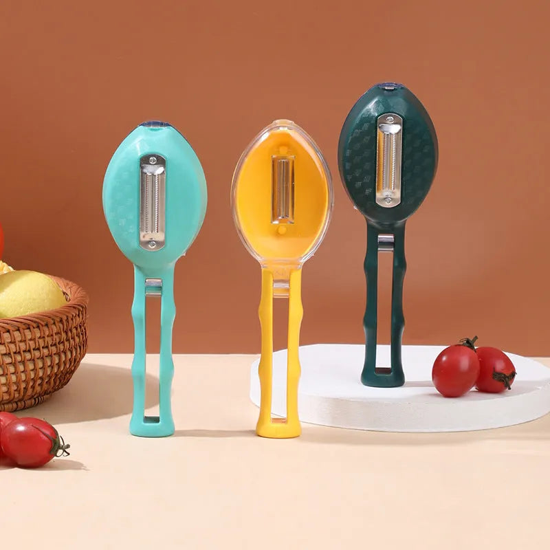 Yellow peeling knife with storage lid on a kitchen counter.