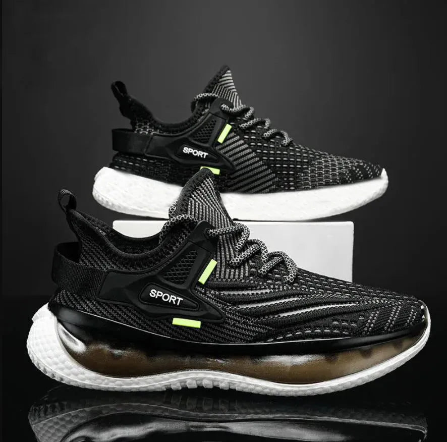 Men's white mesh platform sneakers with flat rubber soles and front lace-up closure