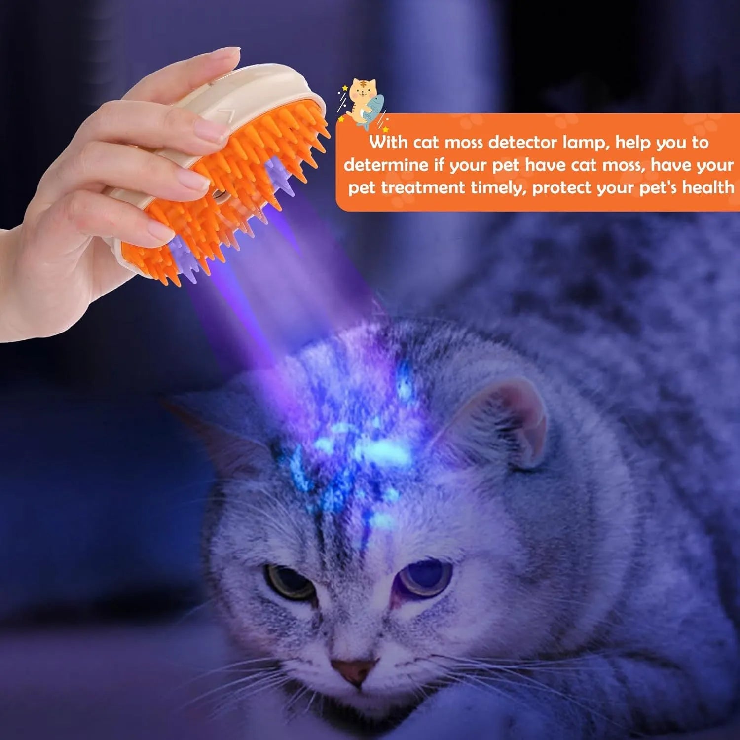 Yellow 4-in-1 cat steam brush with silicone bristles, water tank, and ringworm detector lamp for pet grooming.