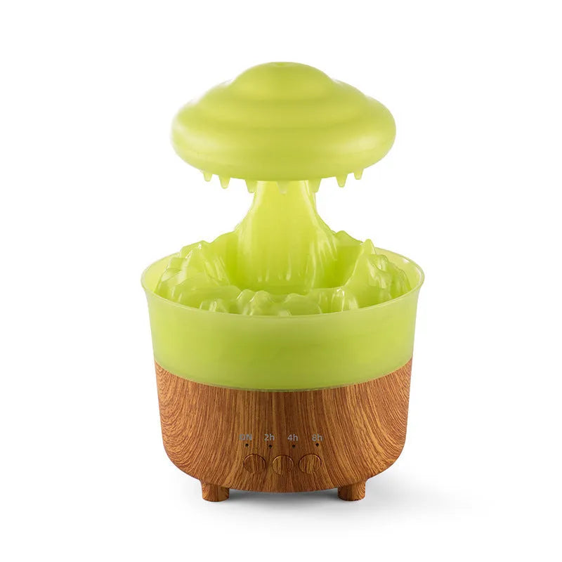 Wood grain white rain cloud shaped humidifier diffuser with LED night light on a table.