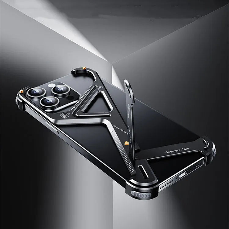 Geometric alloy phone case with bracket for iPhone 15 in black showing protective shell and stand