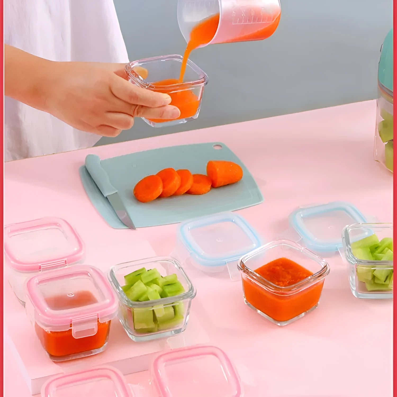 RREIAO 160ml infant food supplement box with glass body, silicone seal, and PP lid in blue colour on white background