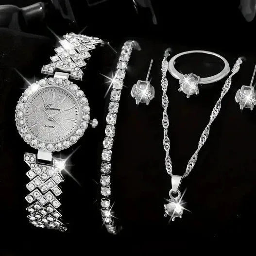 Women's diamond-embedded watch set with bracelet, necklace, ring, and earrings in gift box, silver finish