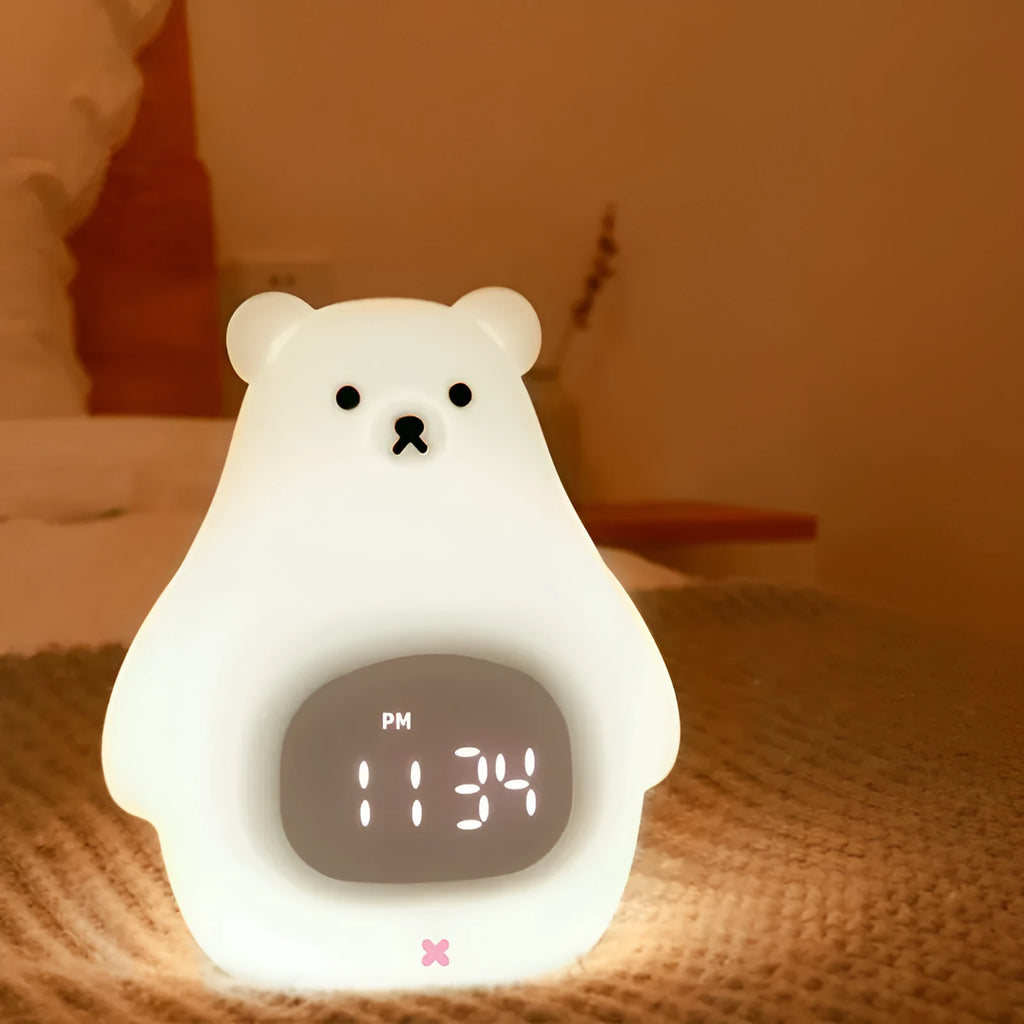 Big White Bear cartoon silicone night light with remote control on a bedside table.