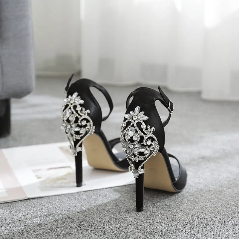 Black women's high heel shoes with rhinestone decoration and suede upper featuring fish mouth toe