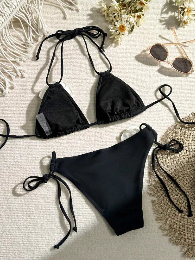Black 3D flower drawstring lace split bikini set on a mannequin.