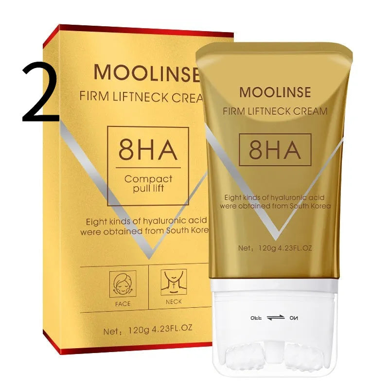 Neck moisturising cream jar with a neck roller tool for dry skin care.