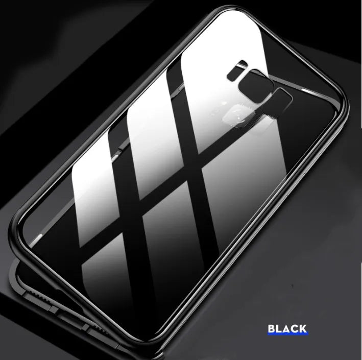 Samsung smartphone in a black clamshell magnetic case with anti-peeping screen, shown open and closed.