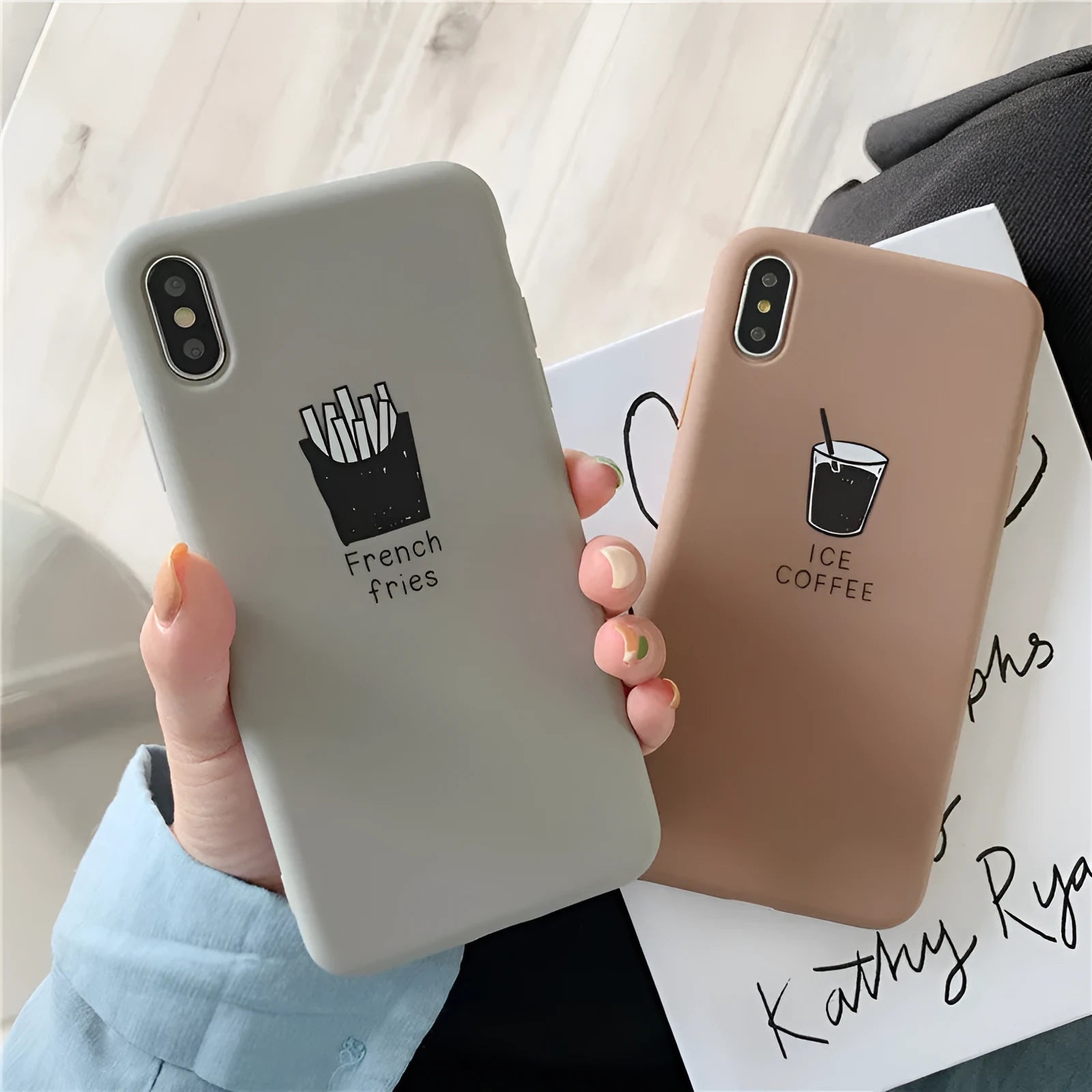 Soft matte silicone iPhone case with cute coffee and fries couple design pattern.