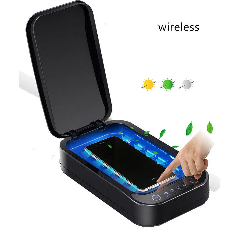 Blue and white portable ultraviolet disinfection box for mobile phones with aromatherapy function.