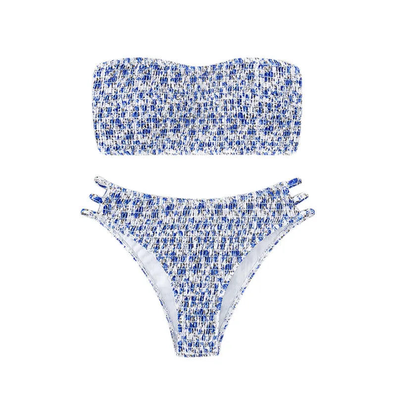 Women's strapless floral print swimsuit with high waist briefs and beauty back design.