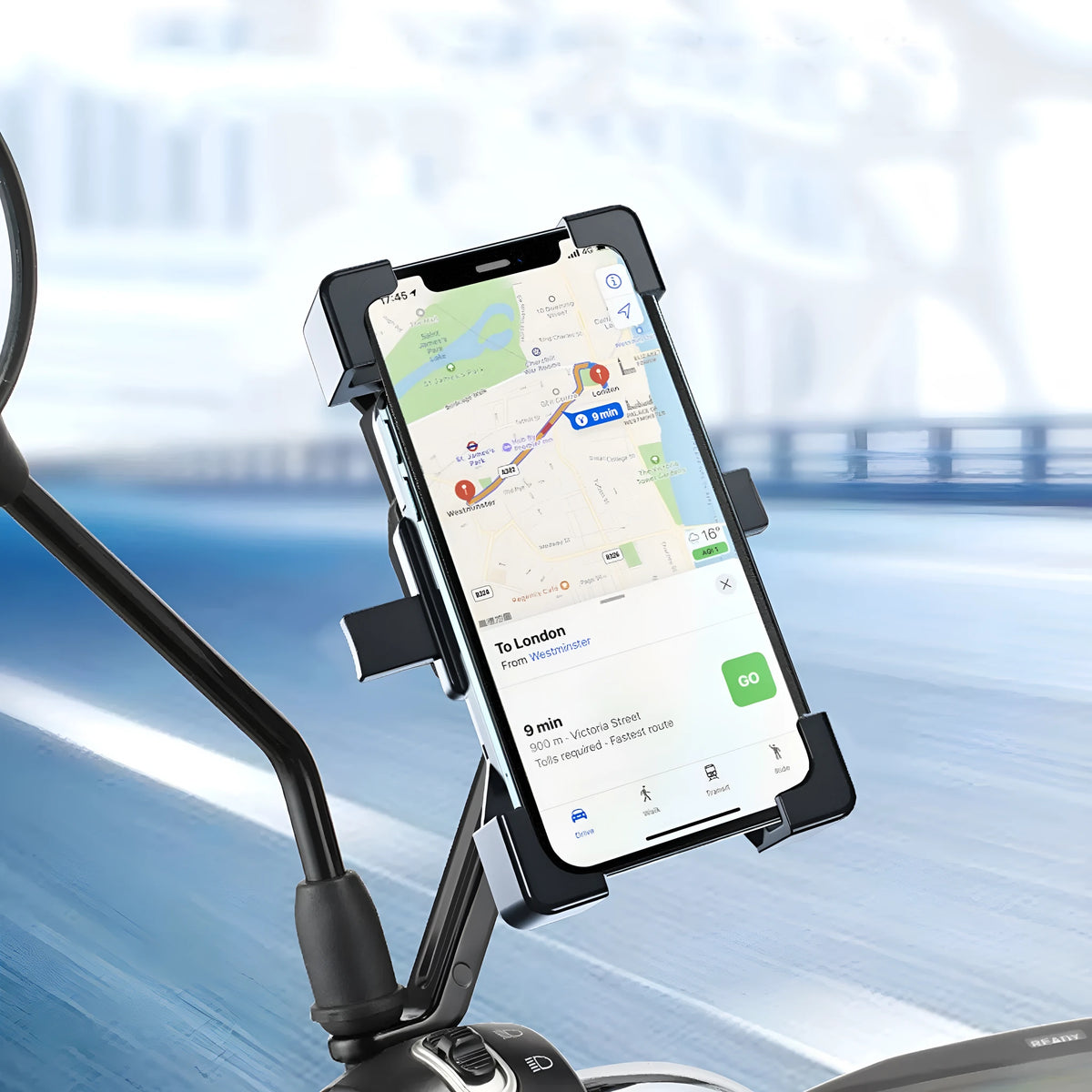 Bicycle phone holder with four-corner design on handlebar, black PVC, compatible with 4.5-6.3 inch phones