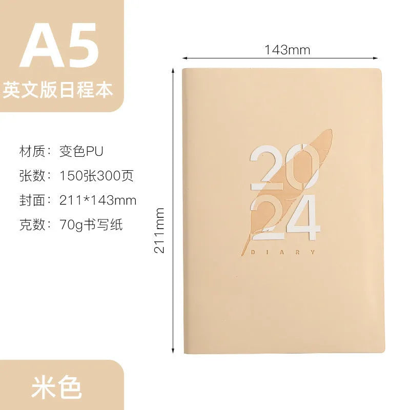 Imitation leather 2024 English schedule book in blue with 365 days daily planner, A5 size, thread stitching binding
