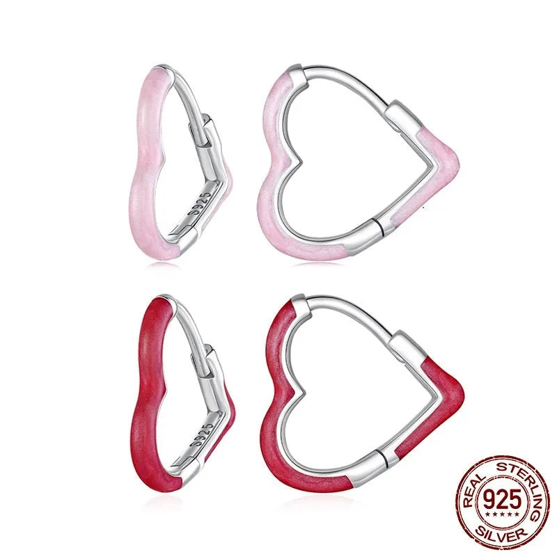 925 silver love heart earrings for women dripping oil finish pink red heart shape ear studs
