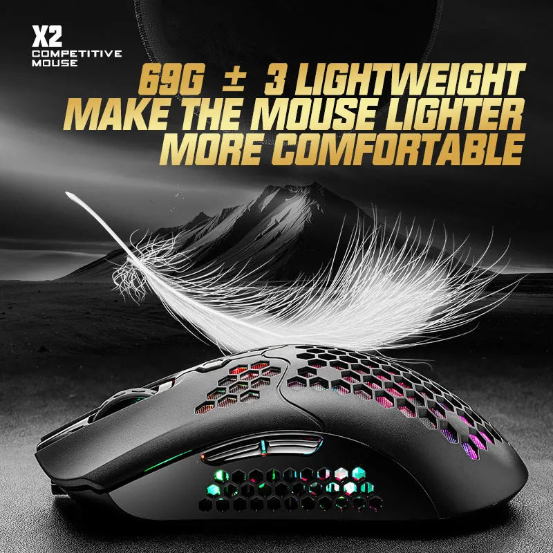 Free Wolf X2 wireless RGB gaming mouse in multiple colours on a desk.