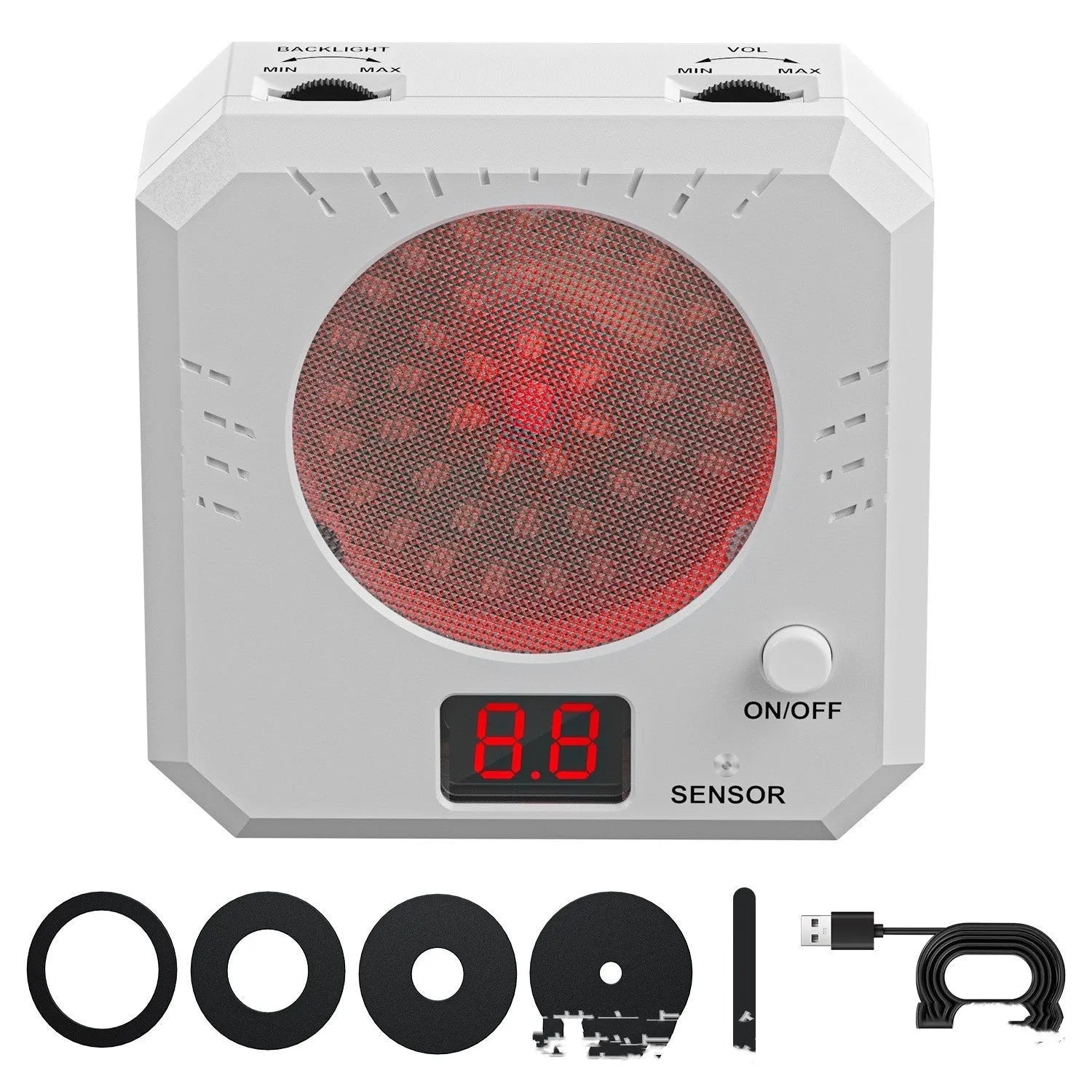 Dry fire laser target with magnetic plate and four replaceable target rings on a metal surface