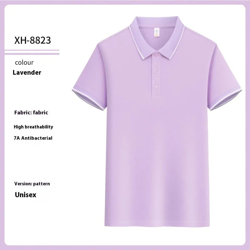 Slim fit antibacterial polo shirt with lapel collar in light purple colour showing short sleeves