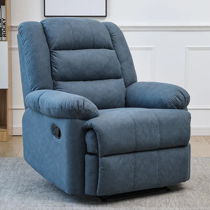 Blue cloth art electric massage recliner with USB port and 8-point vibration massage in a living room