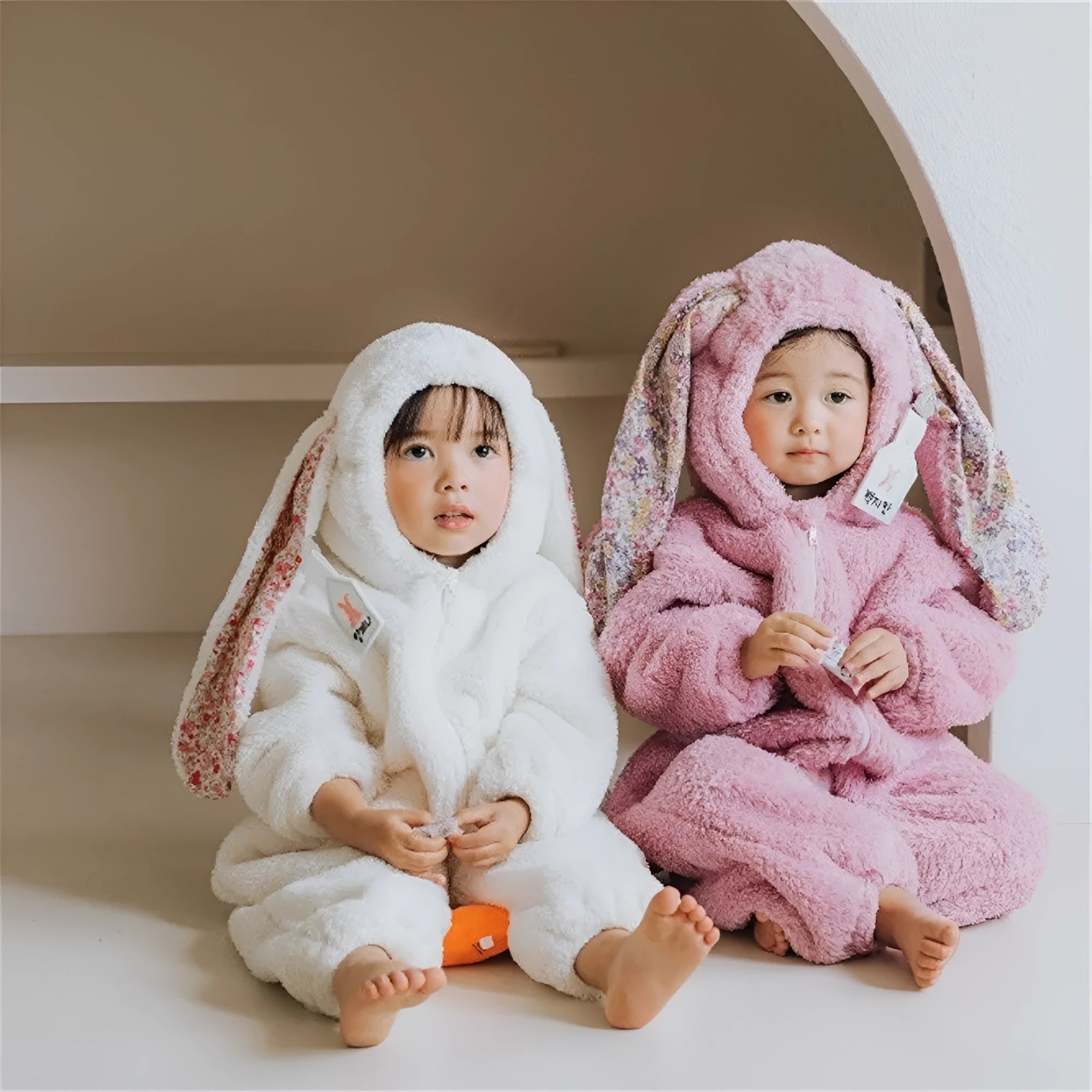 Baby girl bunny jumpsuit with lazy zipper hooded pajamas in khaki, pink, or white colours