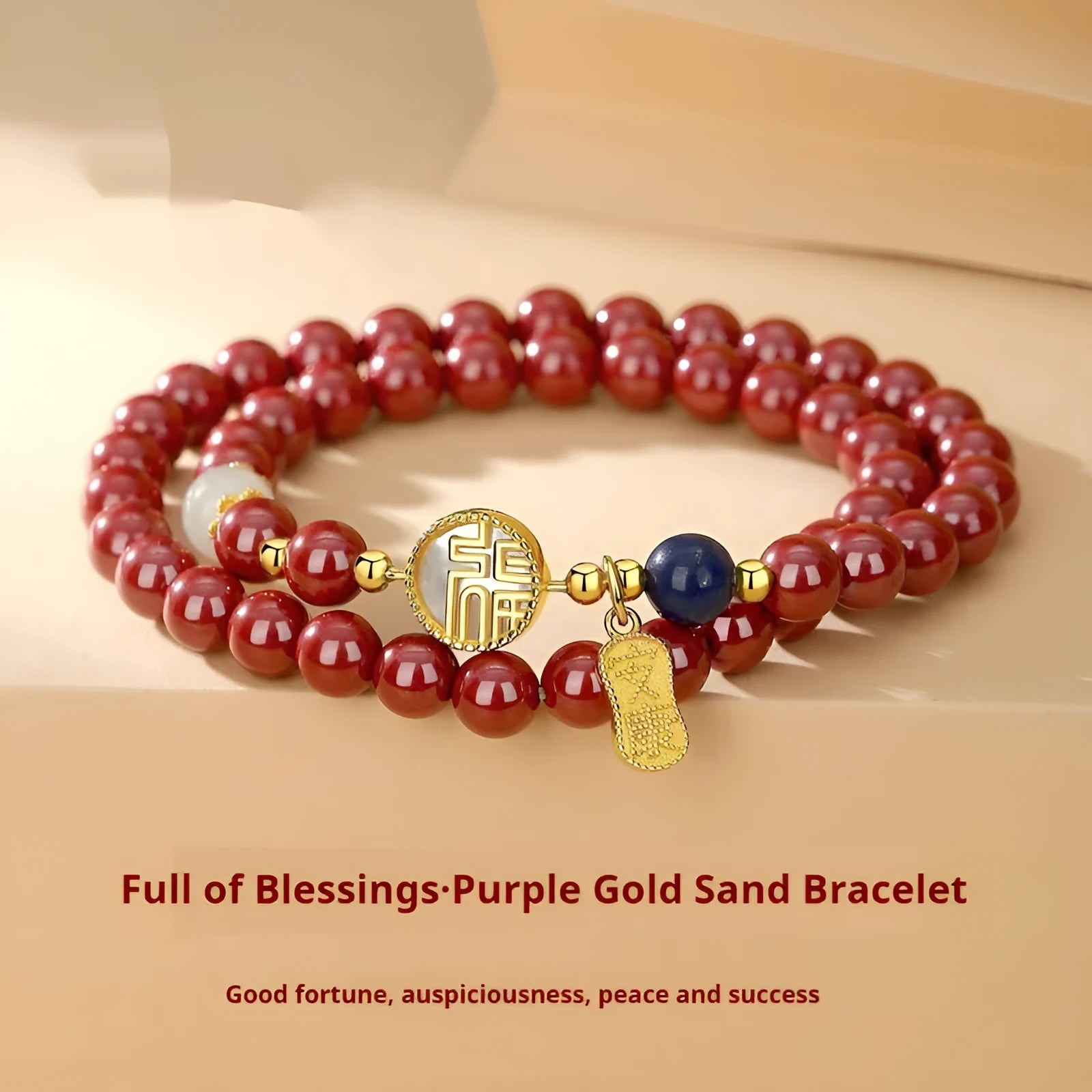 S925 sterling silver bracelet with 6mm beads, white shell, cinnabar, and a purple gold sandstone blessing card charm.