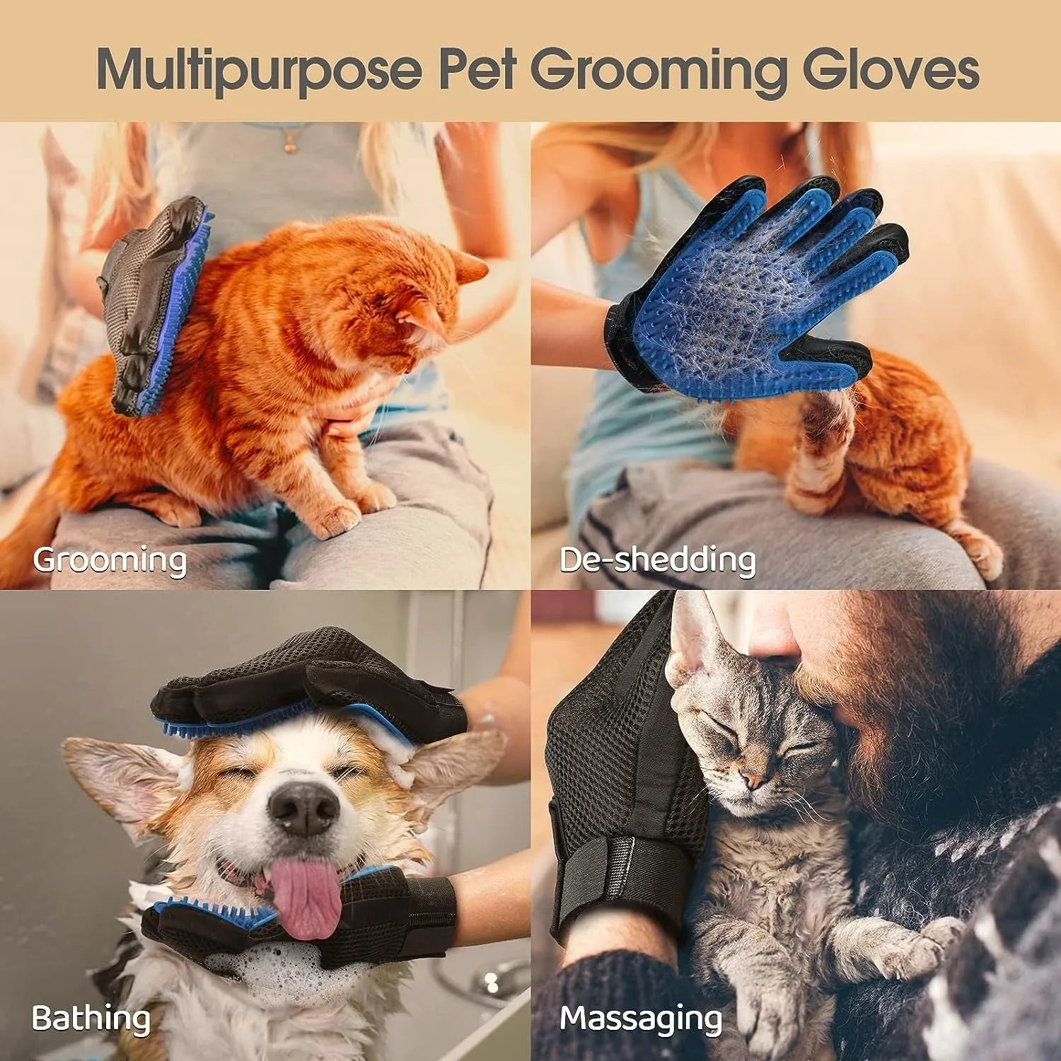 Blue pet grooming gloves with silicone grooming tips for dogs cats and horses