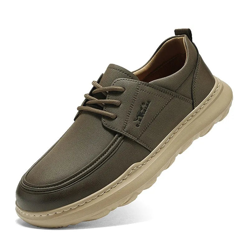 Men's casual leather shoes in gray with plain surface, rubber foam sole, size 42