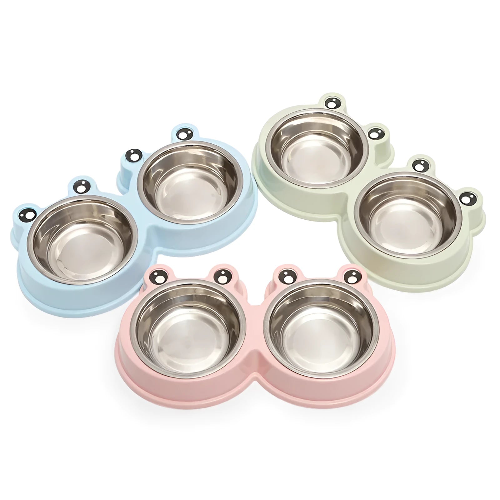 Stainless steel pet double bowl for food and water in blue, green, or pink.