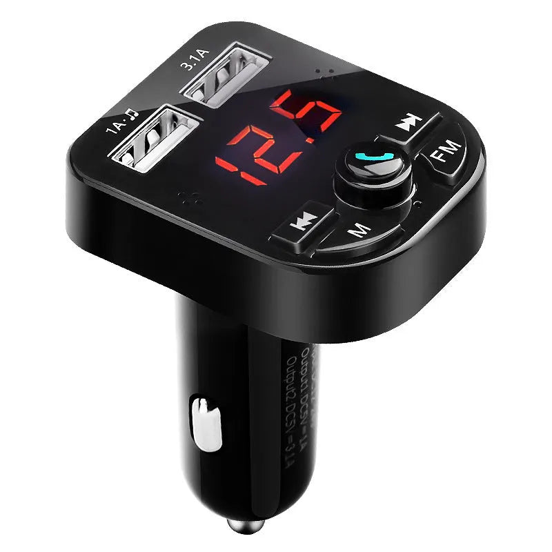 Car MP3 Bluetooth player with FM receiver, dual USB ports, monochrome screen, and ABS construction in black