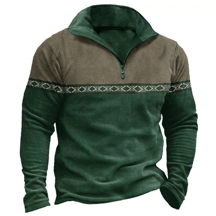 Men's retro patchwork zip-front polo sweater in cotton blend fabric