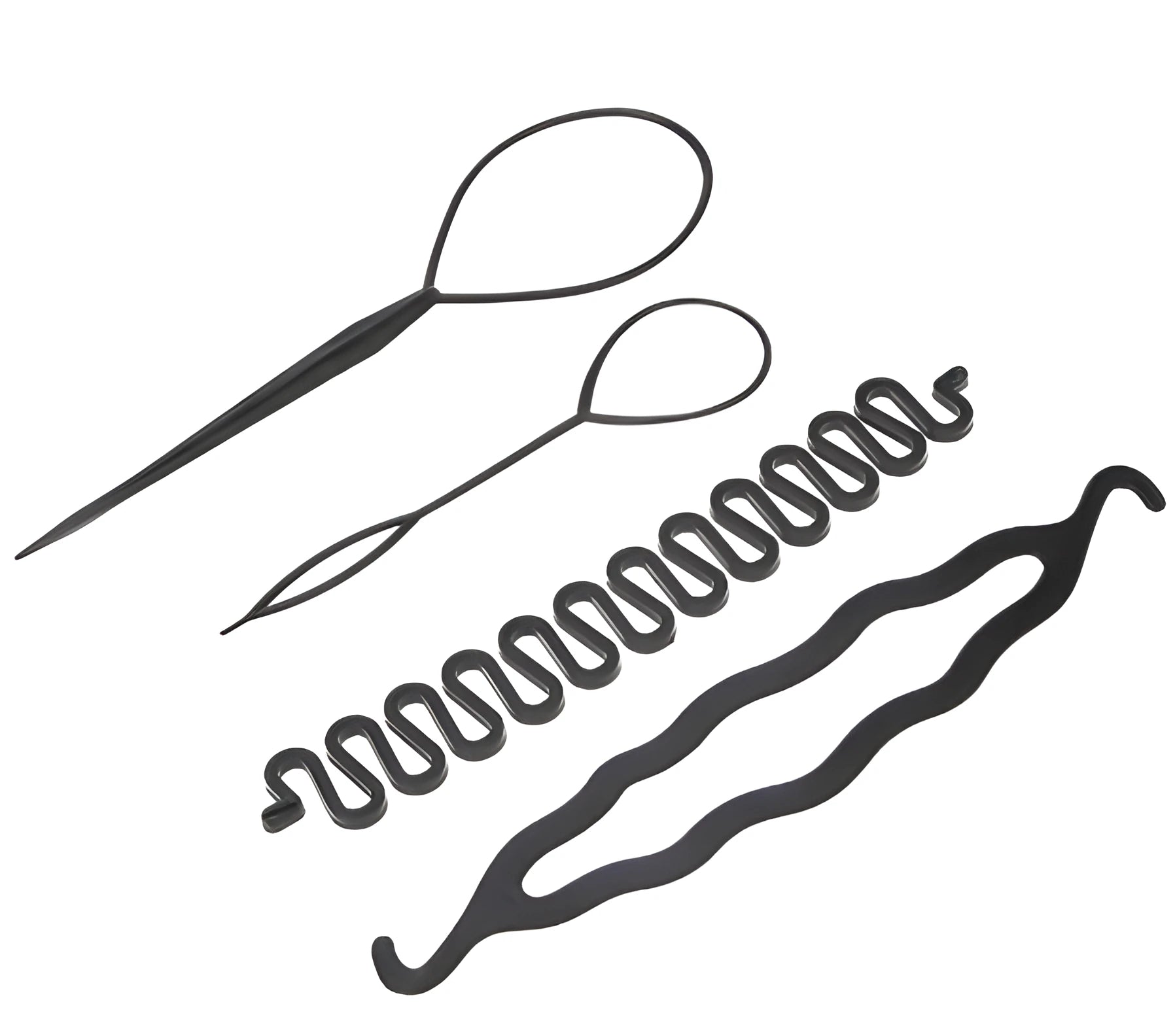 Set of four black plastic hair styling tools including pull hair needles, double hook plate needle, and French braiding tool on white background