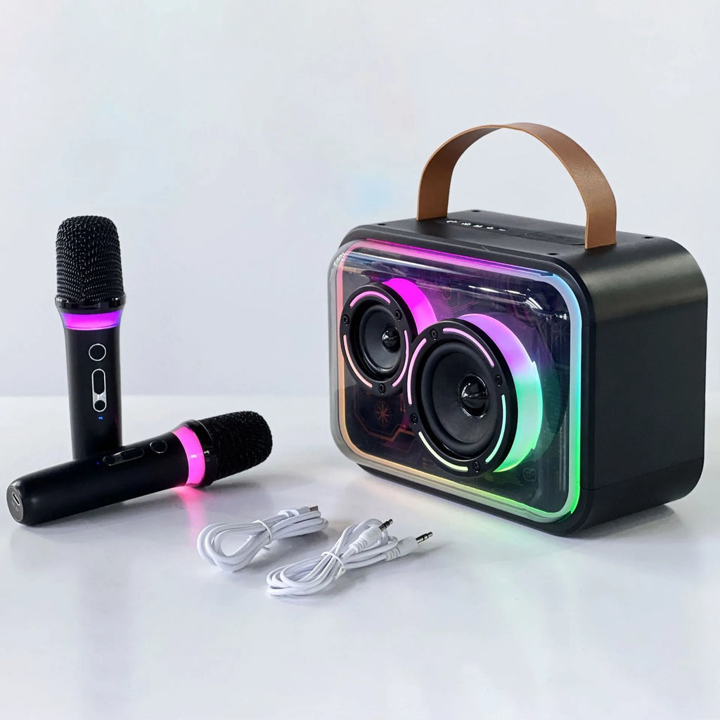 Portable Bluetooth karaoke speaker with RGB lights in light yellow or black with microphone