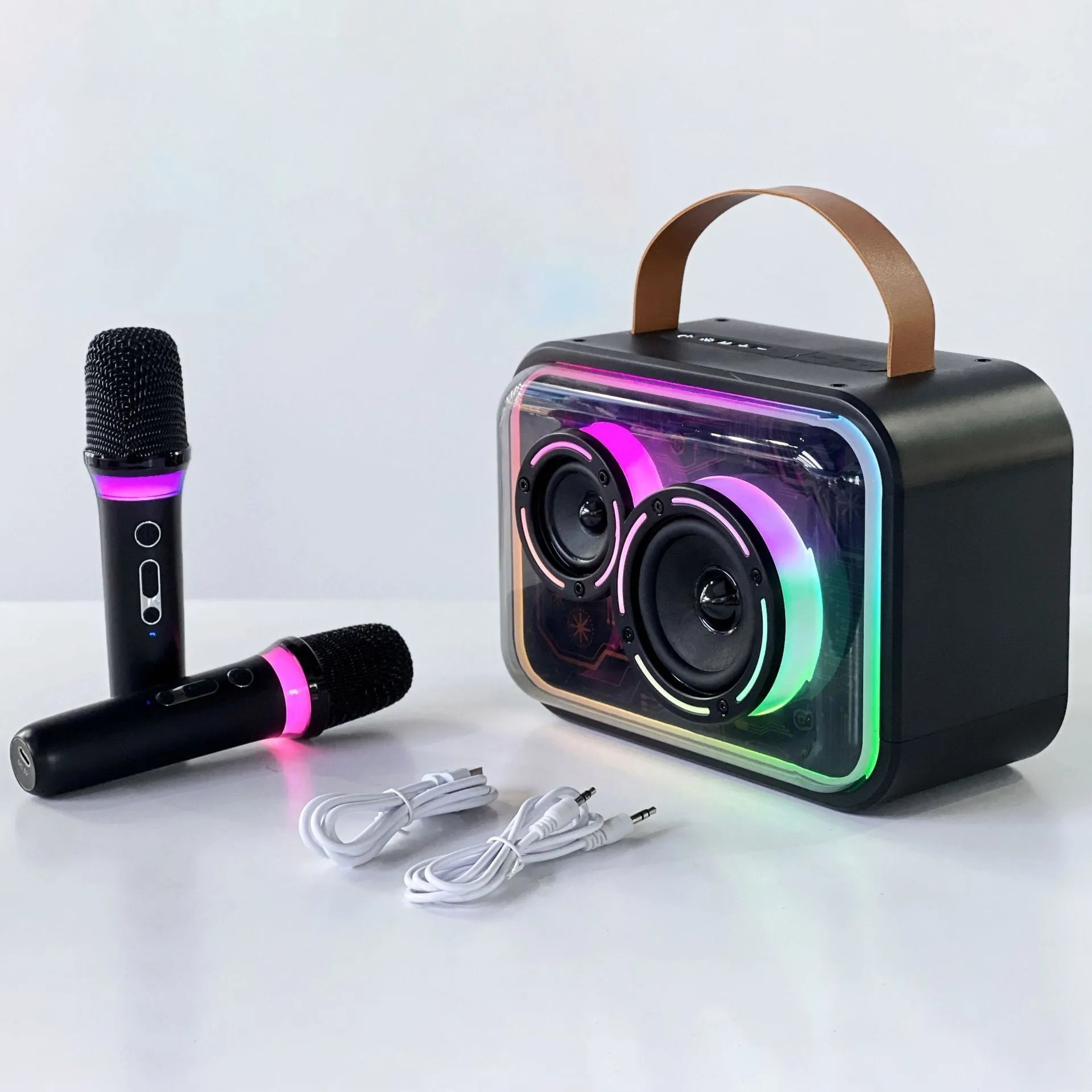 Portable Bluetooth karaoke speaker with RGB lights in light yellow or black with microphone